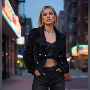 Vintage Parasuco Black Faux Fur Soft Coat Club Wear w/ Shoulder Pads Retro Y2K